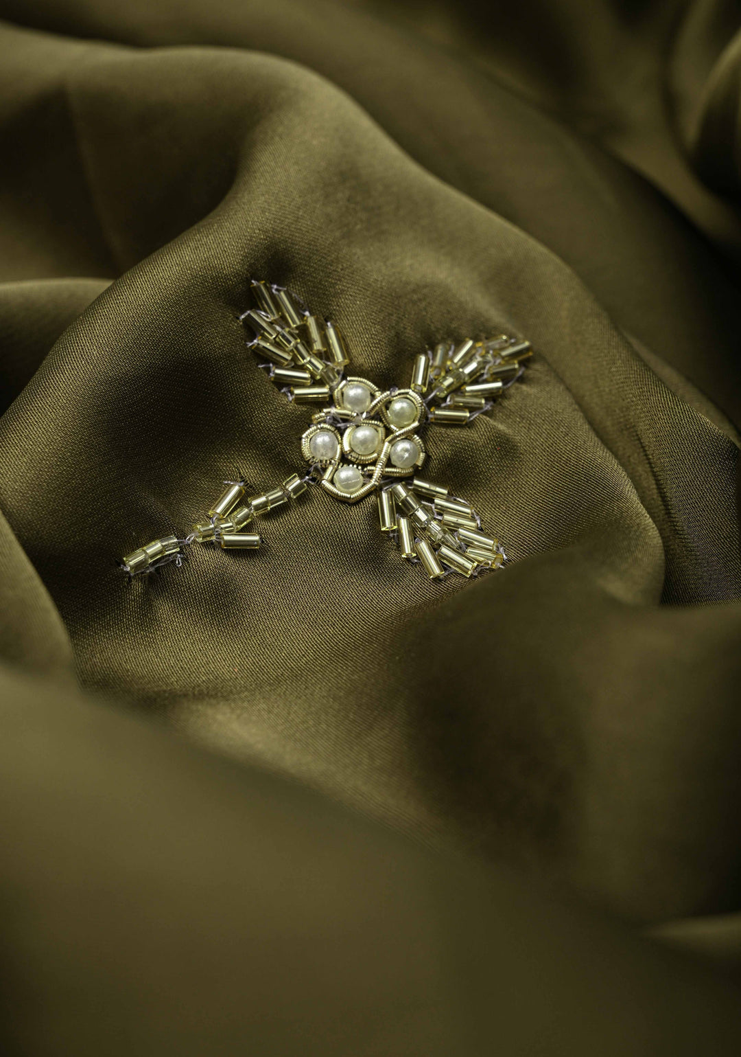 Olive Green Satin Georgette Saree with cutdana, moti Zardosi Embellished work on border