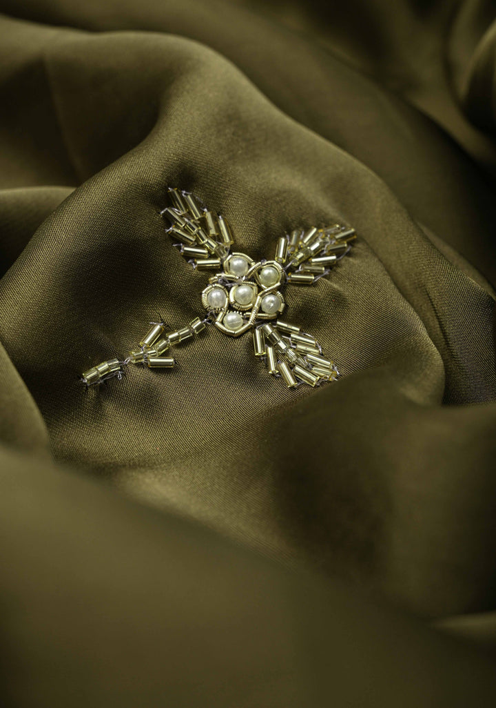 Olive Green Satin Georgette Saree with cutdana, moti Zardosi Embellished work on border