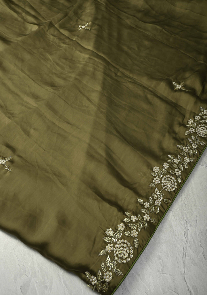 Olive Green Satin Georgette Saree with cutdana, moti Zardosi Embellished work on border