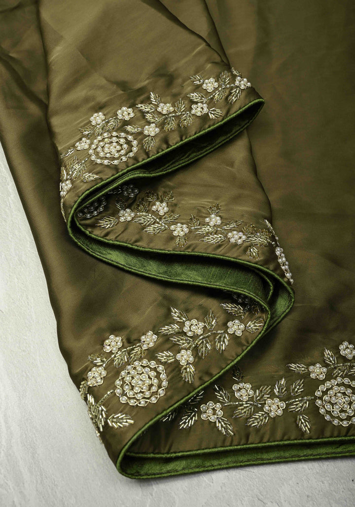 Olive Green Satin Georgette Saree with cutdana, moti Zardosi Embellished work on border