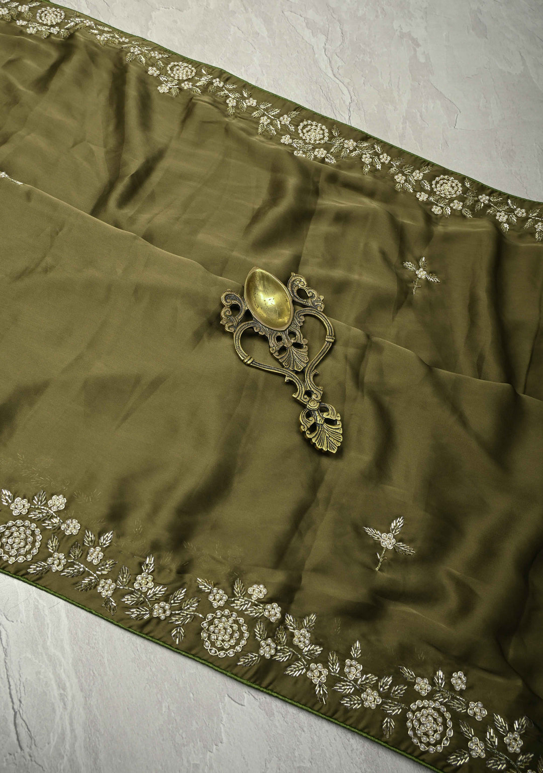 Olive Green Satin Georgette Saree with cutdana, moti Zardosi Embellished work on border