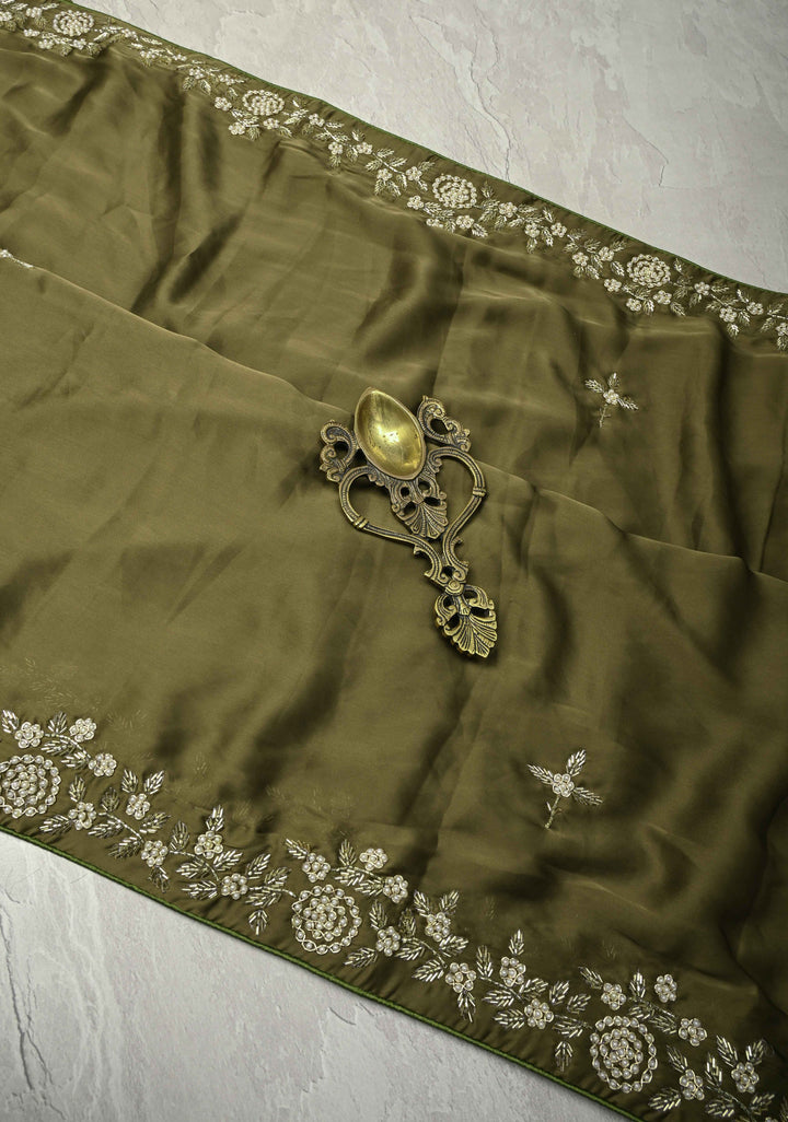 Olive Green Satin Georgette Saree with cutdana, moti Zardosi Embellished work on border