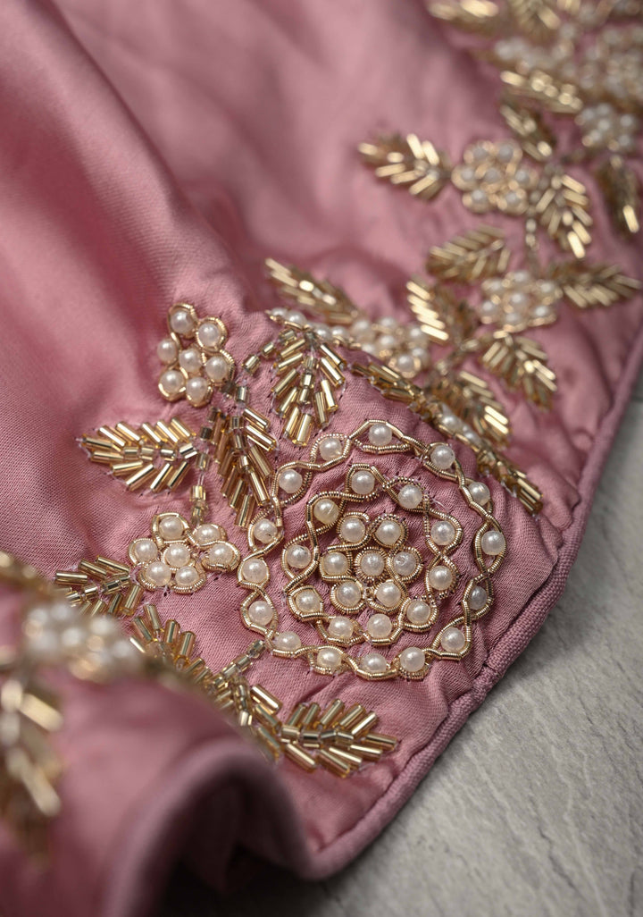 Dusty Pink  Satin Georgette saree with moti and cutdana embellishments on the Border