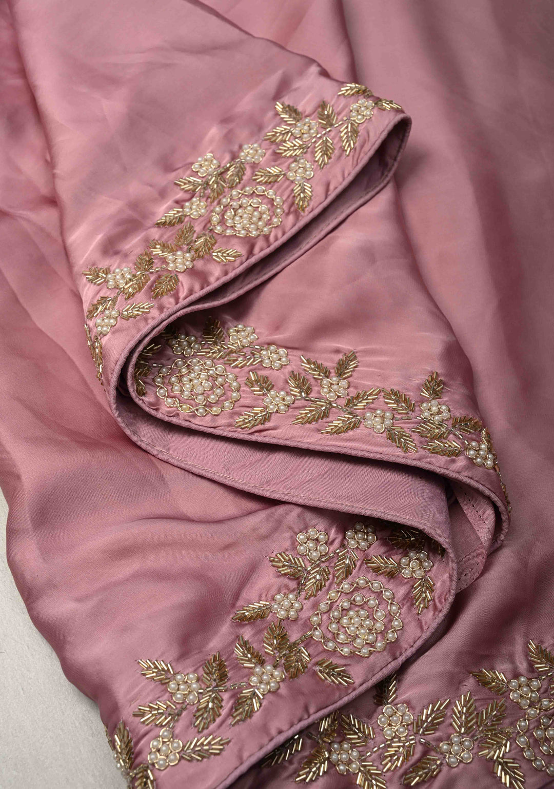Dusty Pink  Satin Georgette saree with moti and cutdana embellishments on the Border
