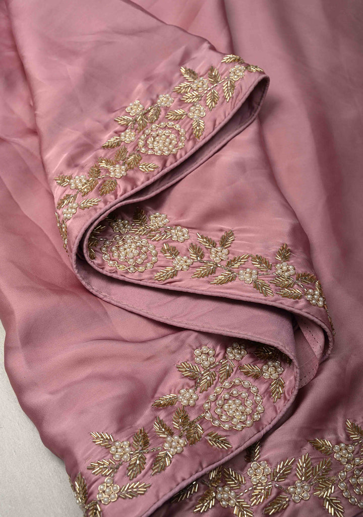 Dusty Pink  Satin Georgette saree with moti and cutdana embellishments on the Border
