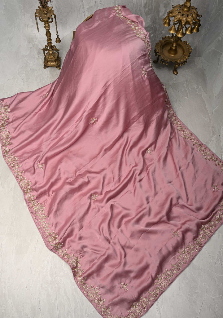 Dusty Pink  Satin Georgette saree with moti and cutdana embellishments on the Border