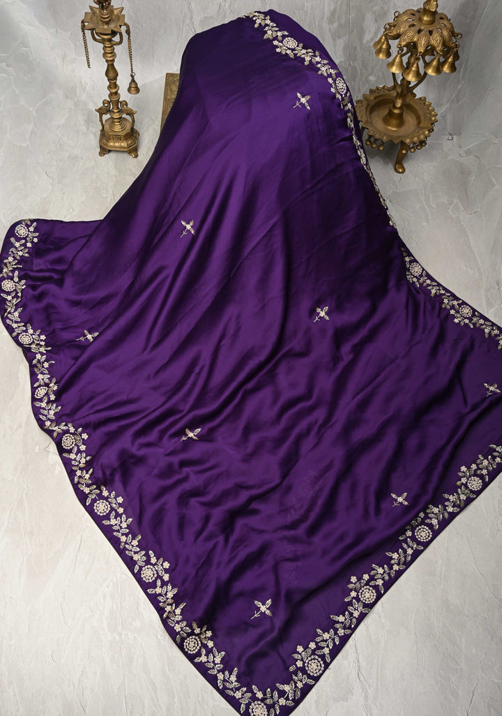 Purple Satin Georgette Saree with cutdana, moti and Zardosi Embellished