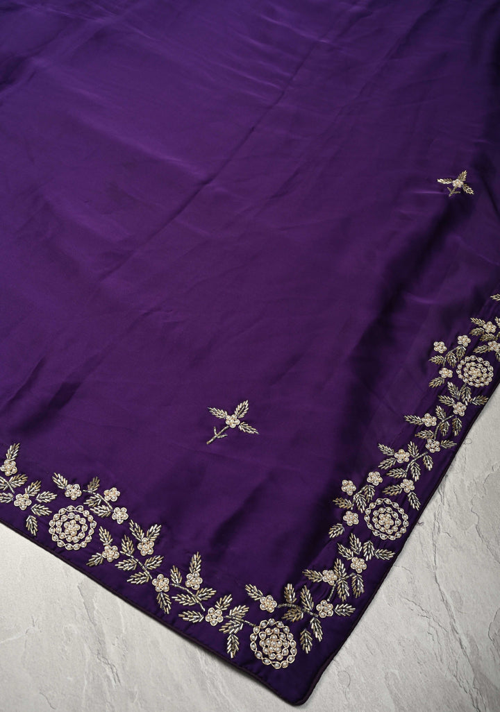 Purple Satin Georgette Saree with cutdana, moti and Zardosi Embellished