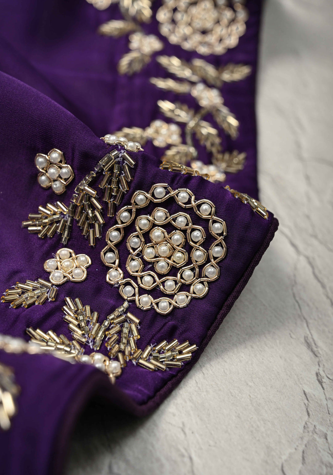 Purple Satin Georgette Saree with cutdana, moti and Zardosi Embellished
