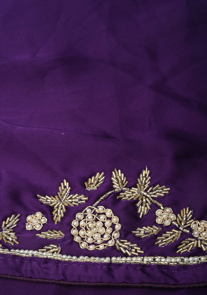 Purple Satin Georgette Saree with cutdana, moti and Zardosi Embellished