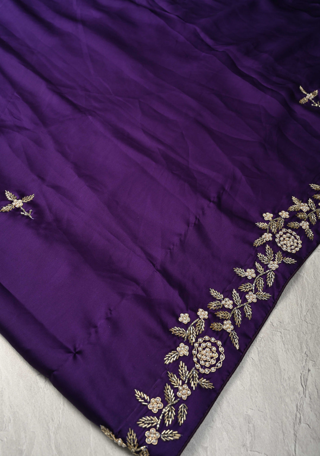 Purple Satin Georgette Saree with cutdana, moti and Zardosi Embellished