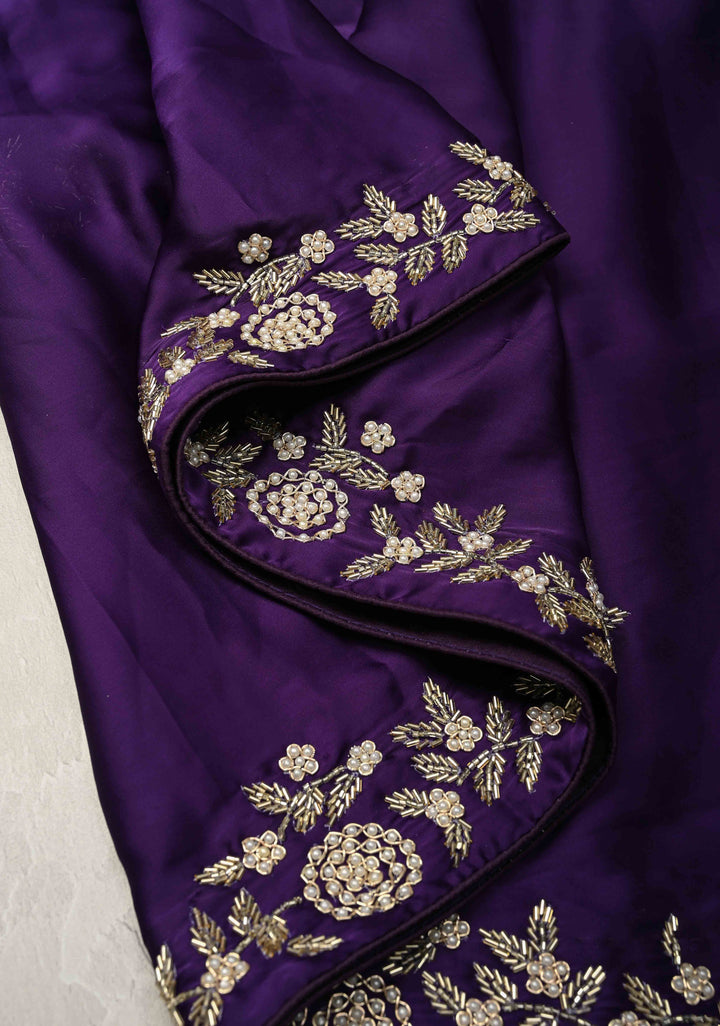 Purple Satin Georgette Saree with cutdana, moti and Zardosi Embellished