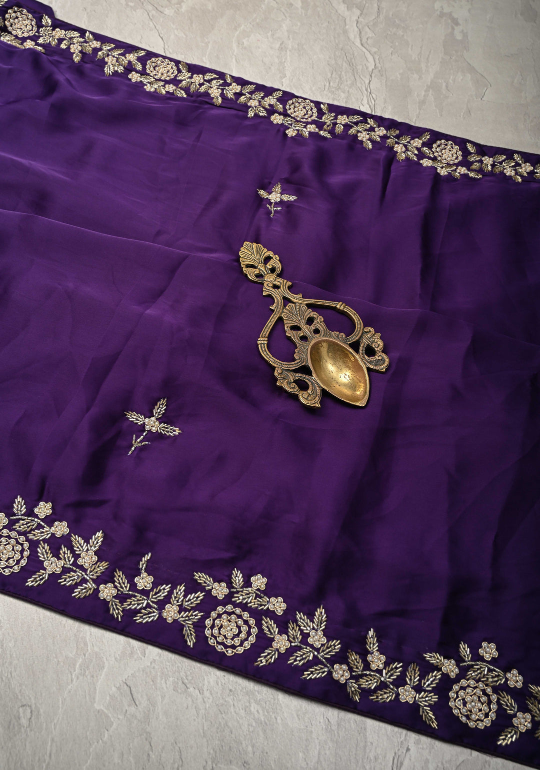 Purple Satin Georgette Saree with cutdana, moti and Zardosi Embellished