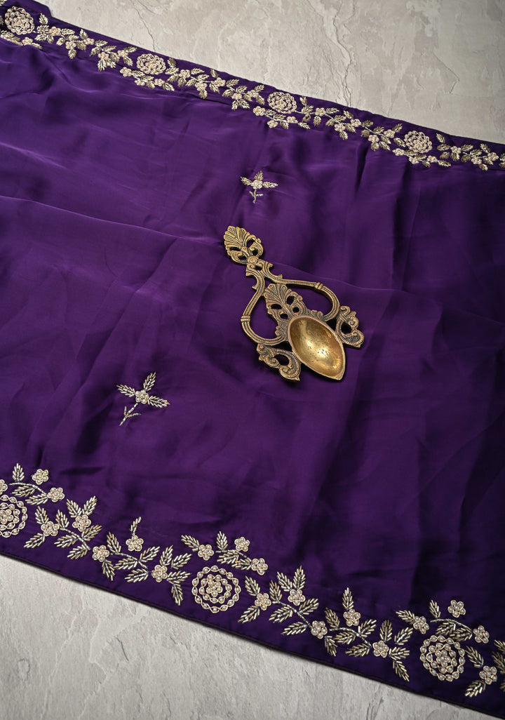 Purple Satin Georgette Saree with cutdana, moti and Zardosi Embellished