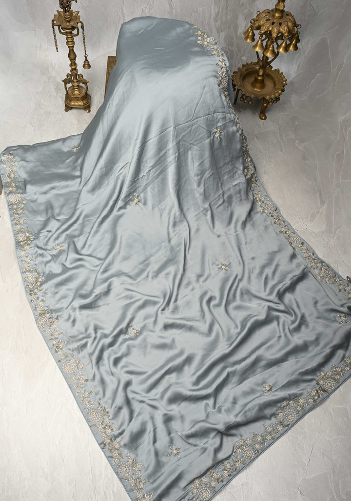 Grey Satin Georgette saree with moti, cutdana and Zardosi embellishments