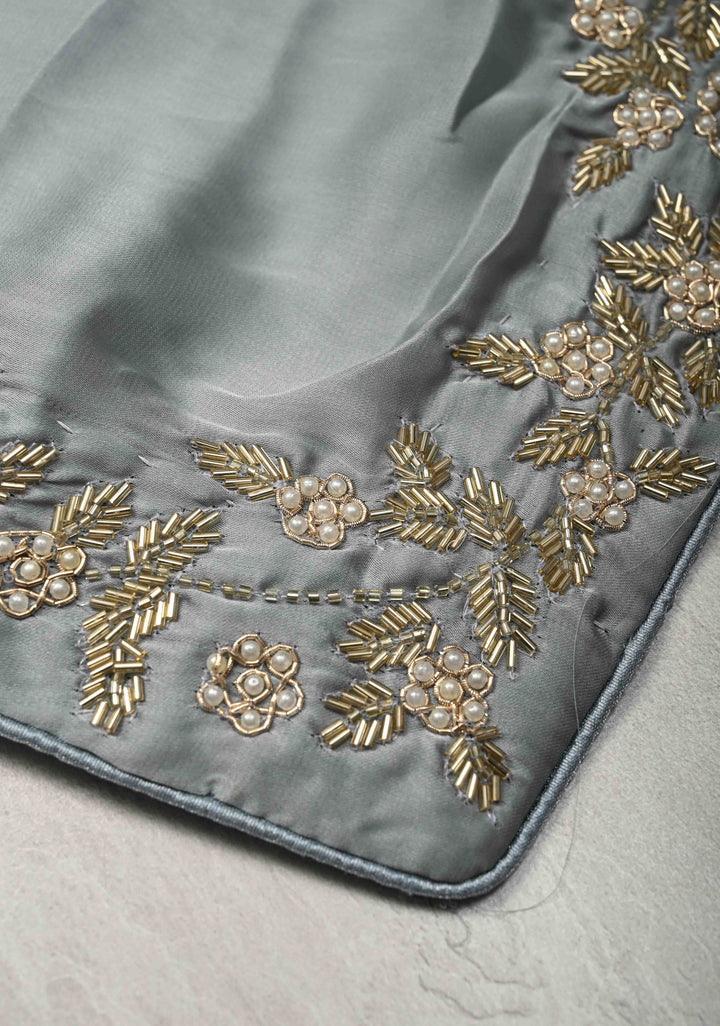 Grey Satin Georgette saree with moti, cutdana and Zardosi embellishments