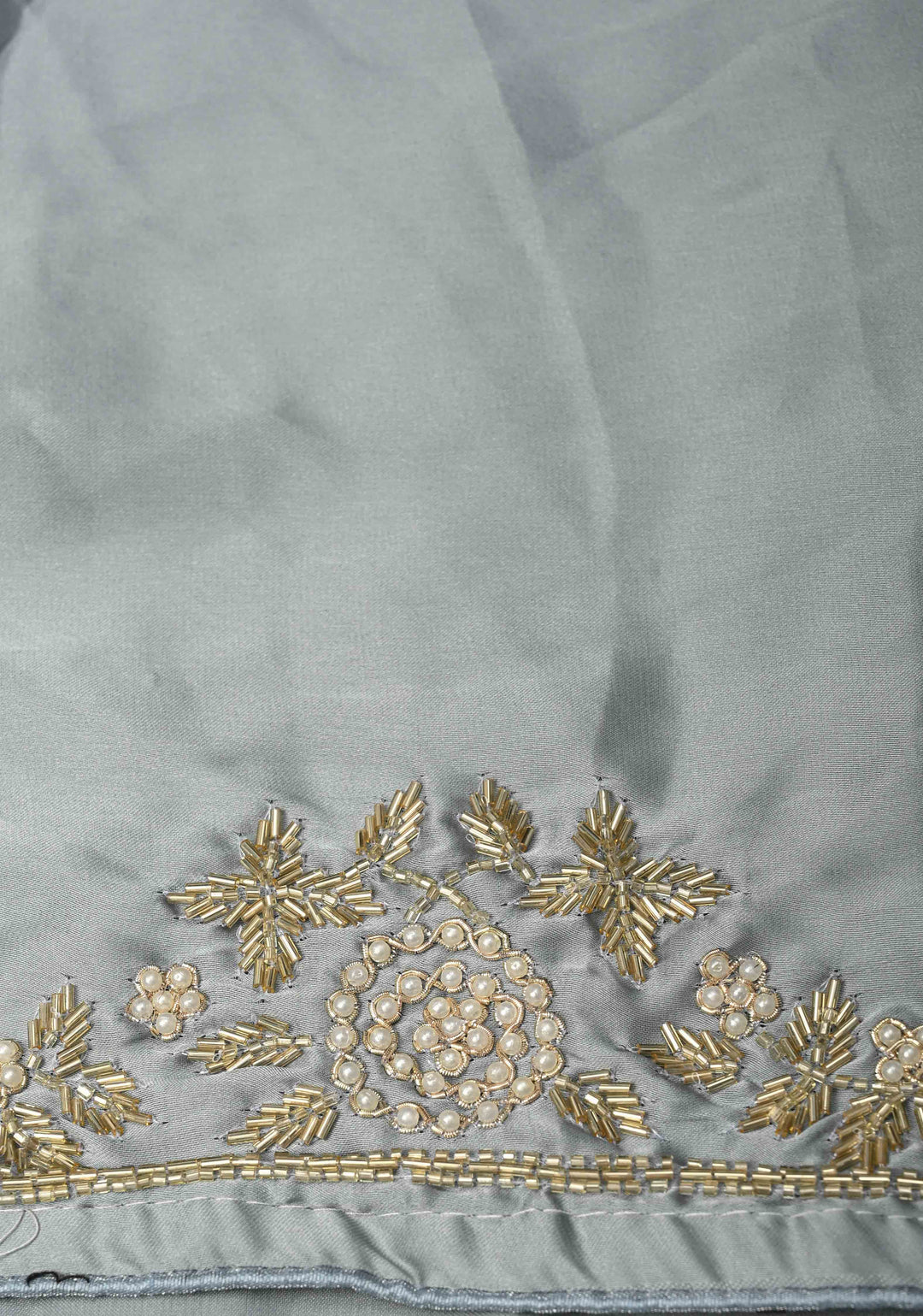Grey Satin Georgette saree with moti, cutdana and Zardosi embellishments