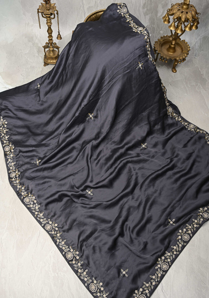 Charcoal Gray Satin Georgette Saree with cutdana, moti and Zardosi Embellished