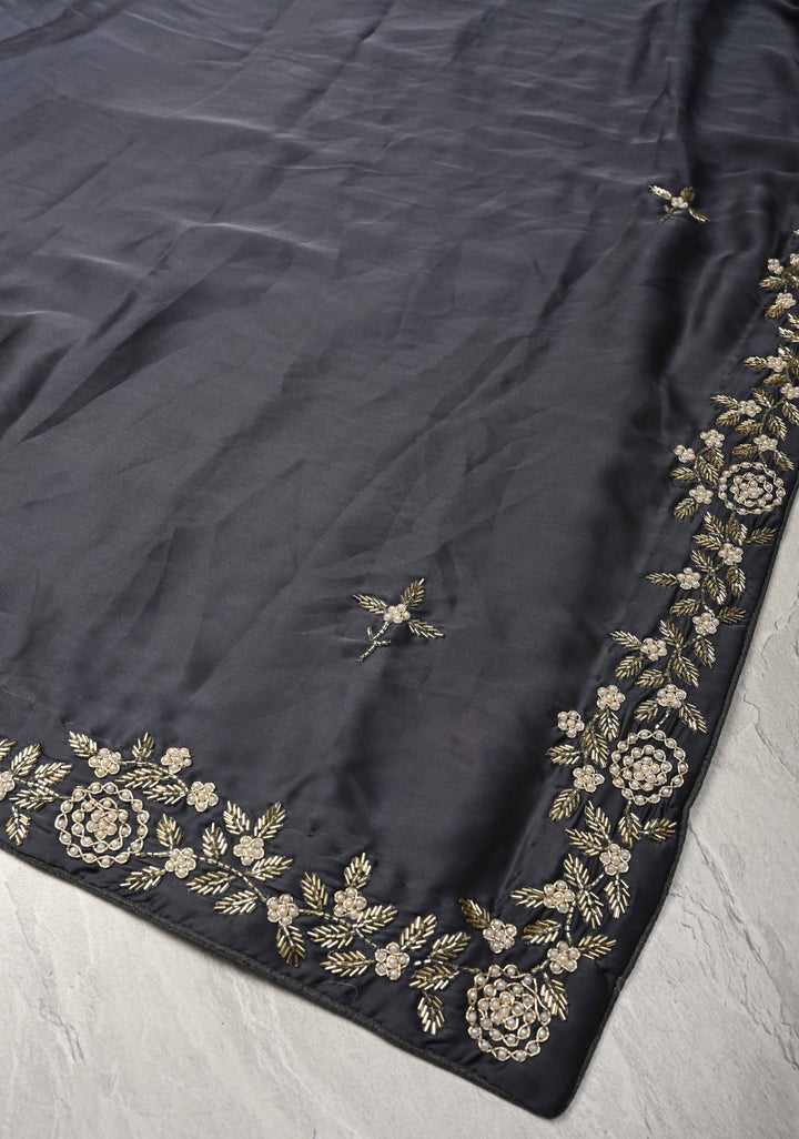 Charcoal Gray Satin Georgette Saree with cutdana, moti and Zardosi Embellished