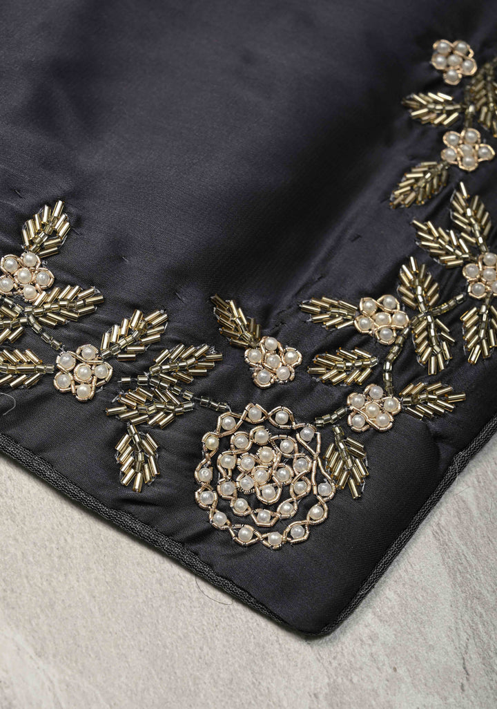 Charcoal Gray Satin Georgette Saree with cutdana, moti and Zardosi Embellished