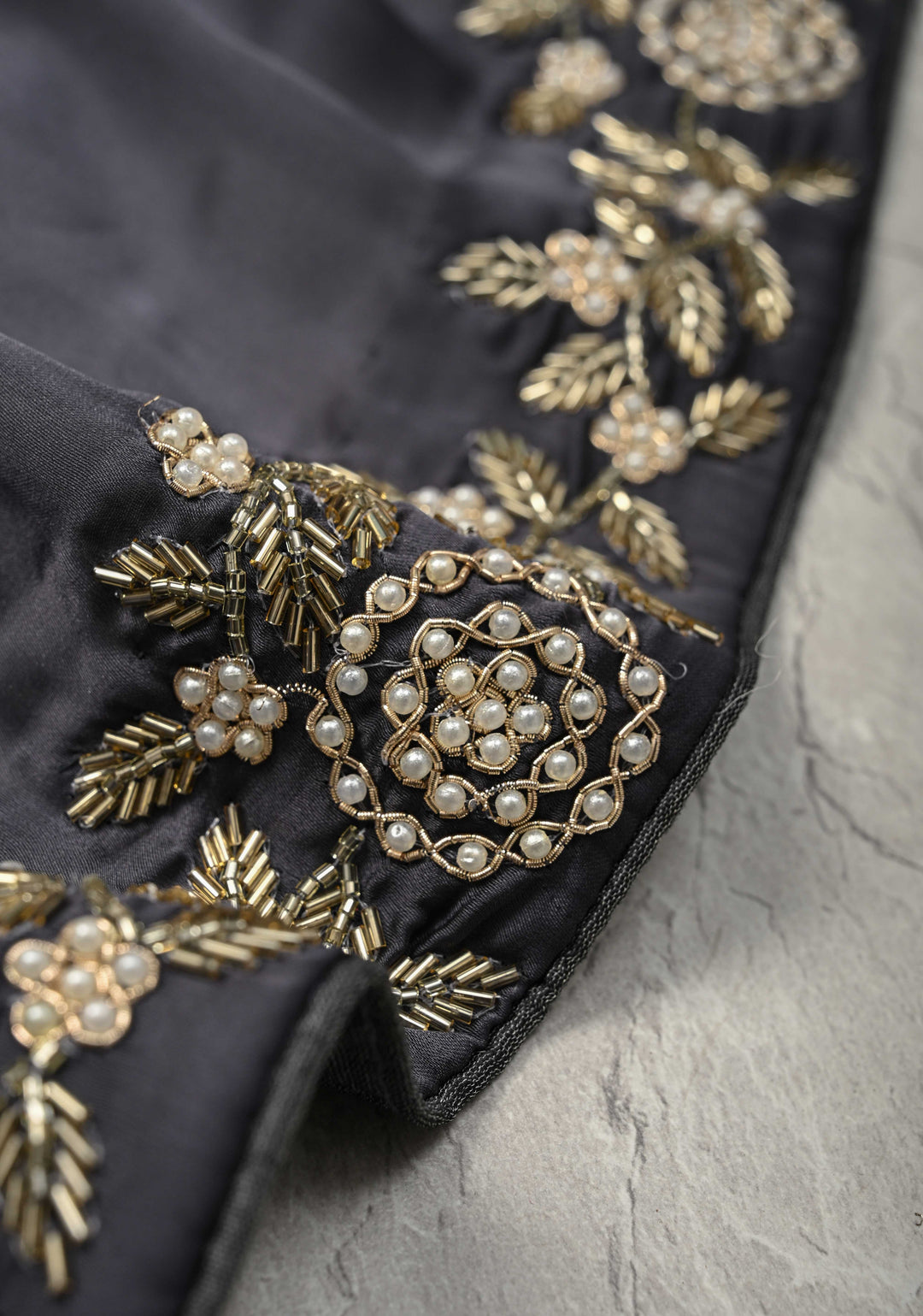 Charcoal Gray Satin Georgette Saree with cutdana, moti and Zardosi Embellished
