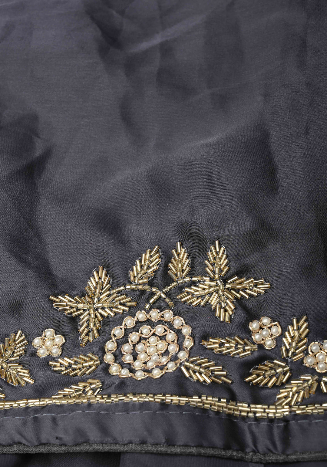 Charcoal Gray Satin Georgette Saree with cutdana, moti and Zardosi Embellished