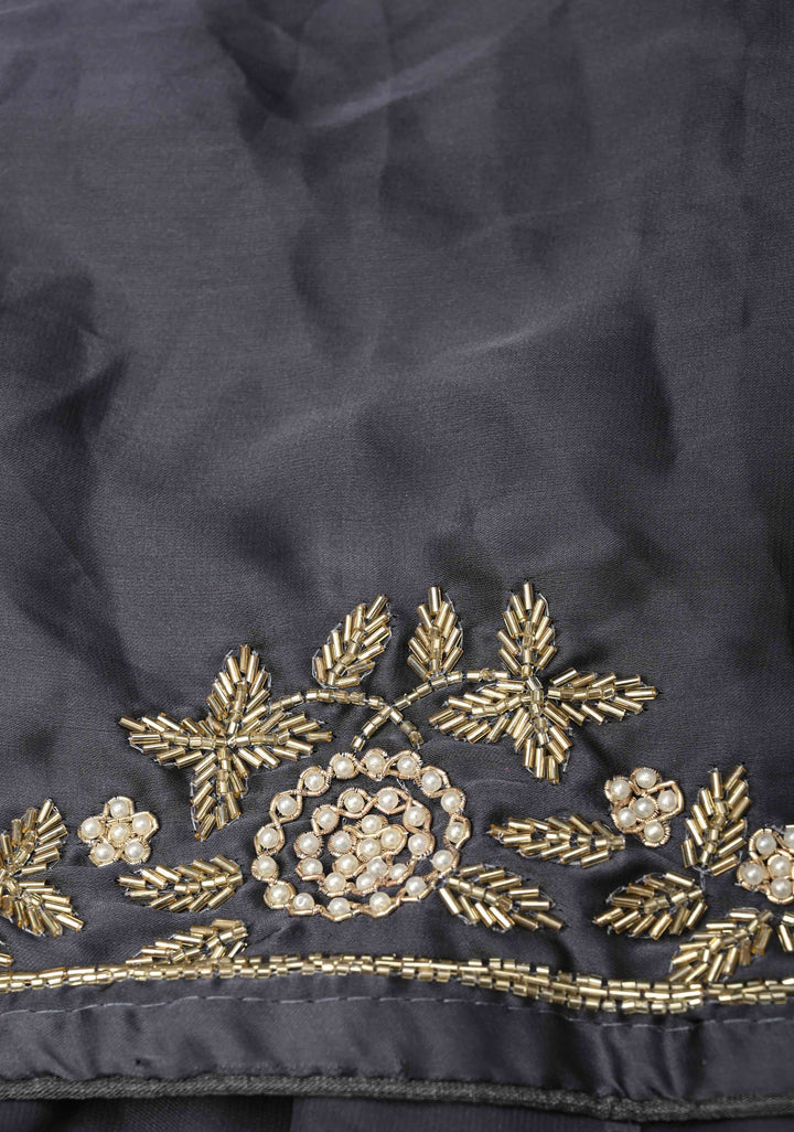 Charcoal Gray Satin Georgette Saree with cutdana, moti and Zardosi Embellished