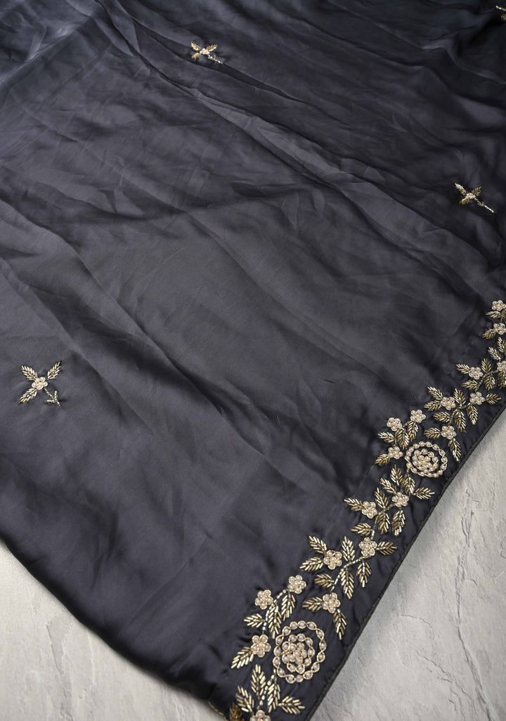 Charcoal Gray Satin Georgette Saree with cutdana, moti and Zardosi Embellished