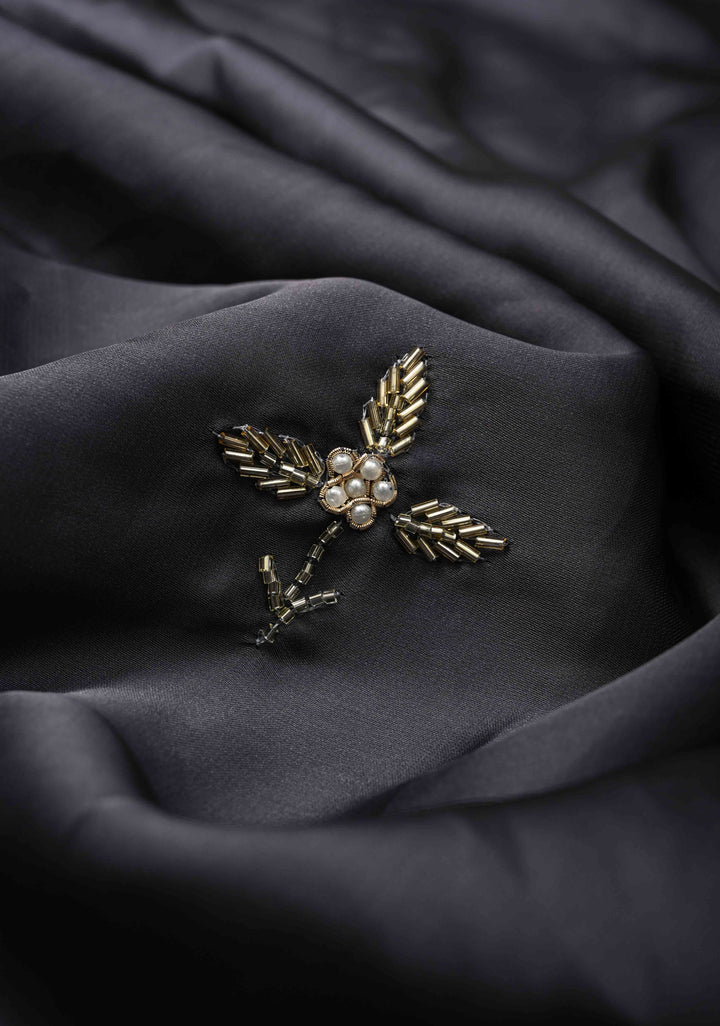 Charcoal Gray Satin Georgette Saree with cutdana, moti and Zardosi Embellished