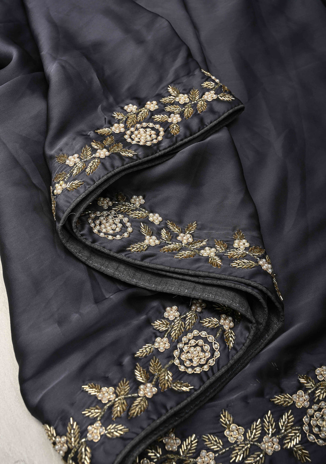 Charcoal Gray Satin Georgette Saree with cutdana, moti and Zardosi Embellished