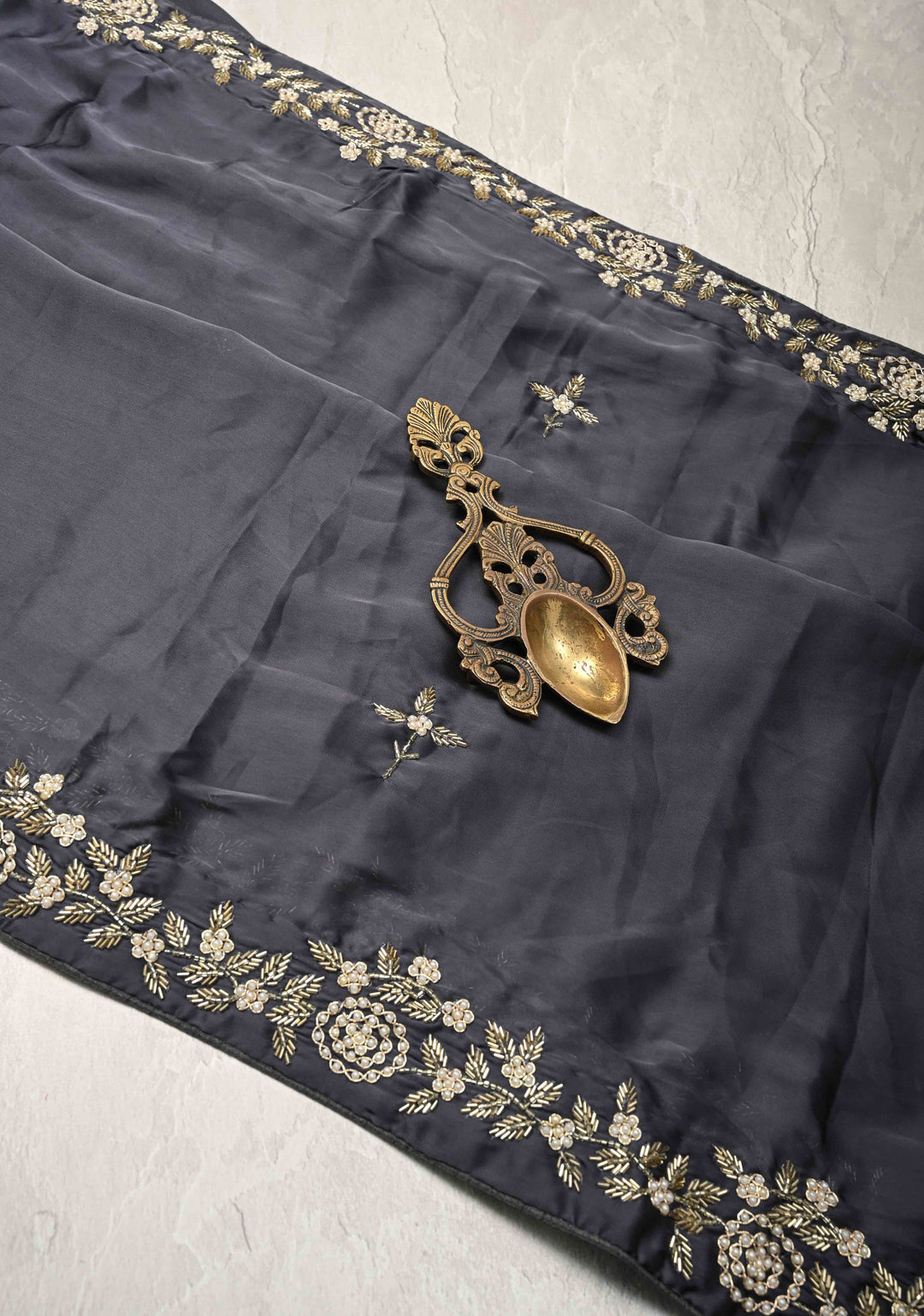 Charcoal Gray Satin Georgette Saree with cutdana, moti and Zardosi Embellished