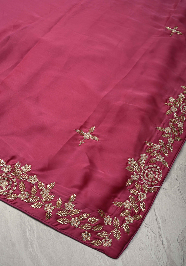Pink Satin Georgette saree with moti, cutdana and Zardozi embellishments