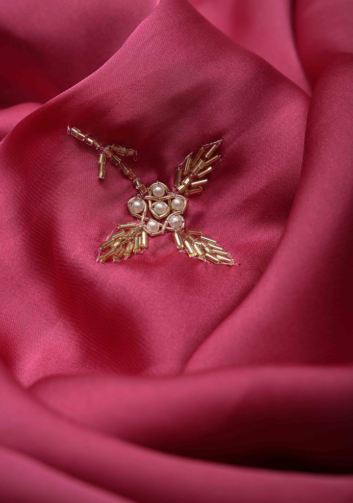 Pink Satin Georgette saree with moti, cutdana and Zardozi embellishments