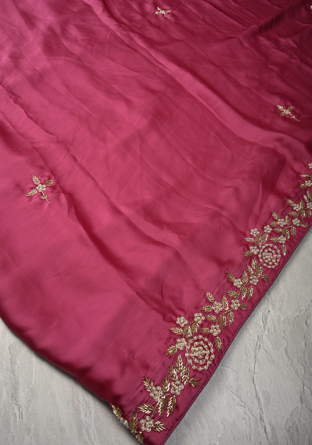 Pink Satin Georgette saree with moti, cutdana and Zardozi embellishments