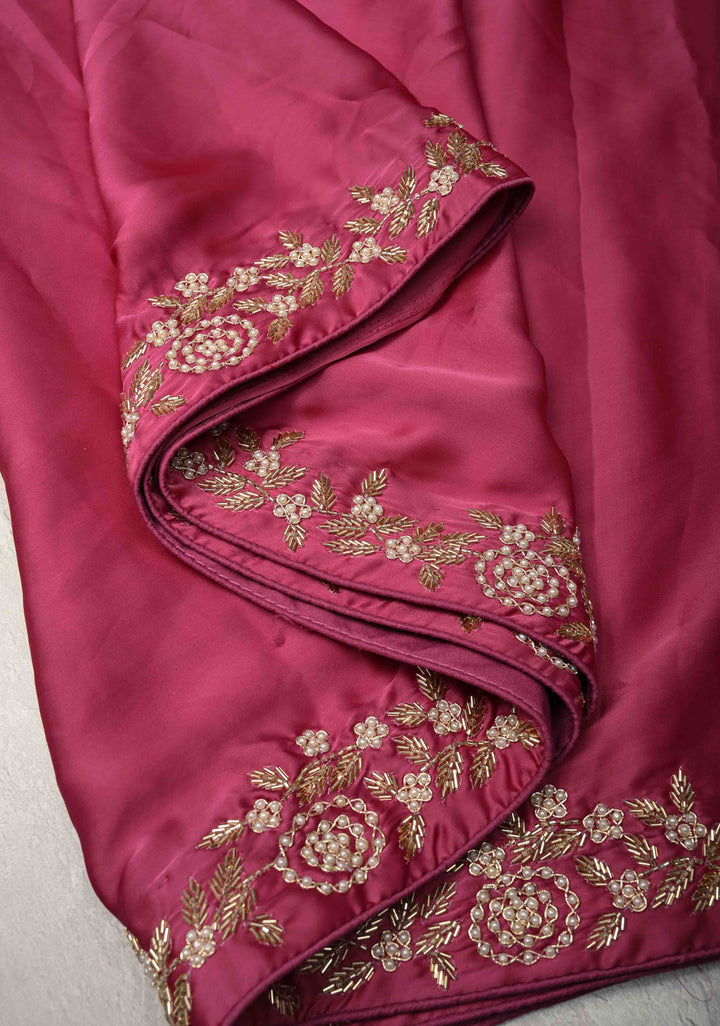 Pink Satin Georgette saree with moti, cutdana and Zardozi embellishments