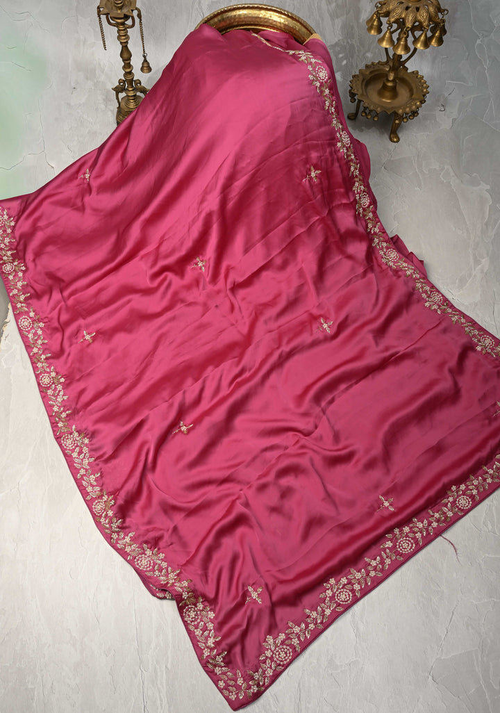 Pink Satin Georgette saree with moti, cutdana and Zardozi embellishments