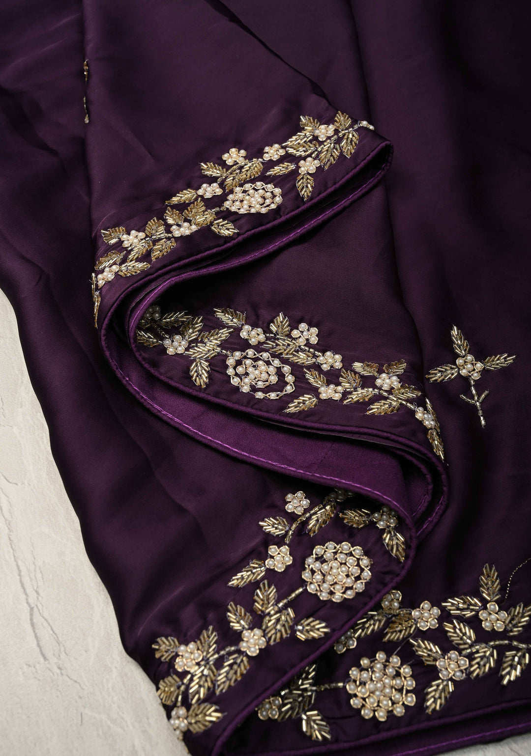 Dark Grape Purple Satin Georgette Saree with Cutdana, Moti and Zardosi Embellished
