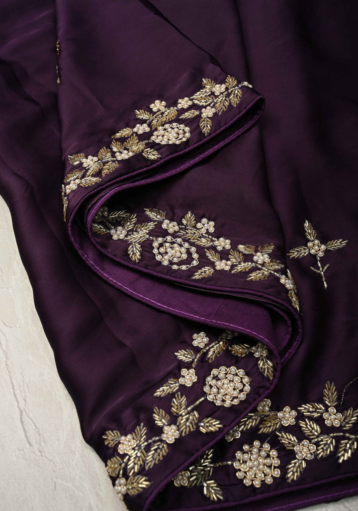 Dark Grape Purple Satin Georgette Saree with Cutdana, Moti and Zardosi Embellished