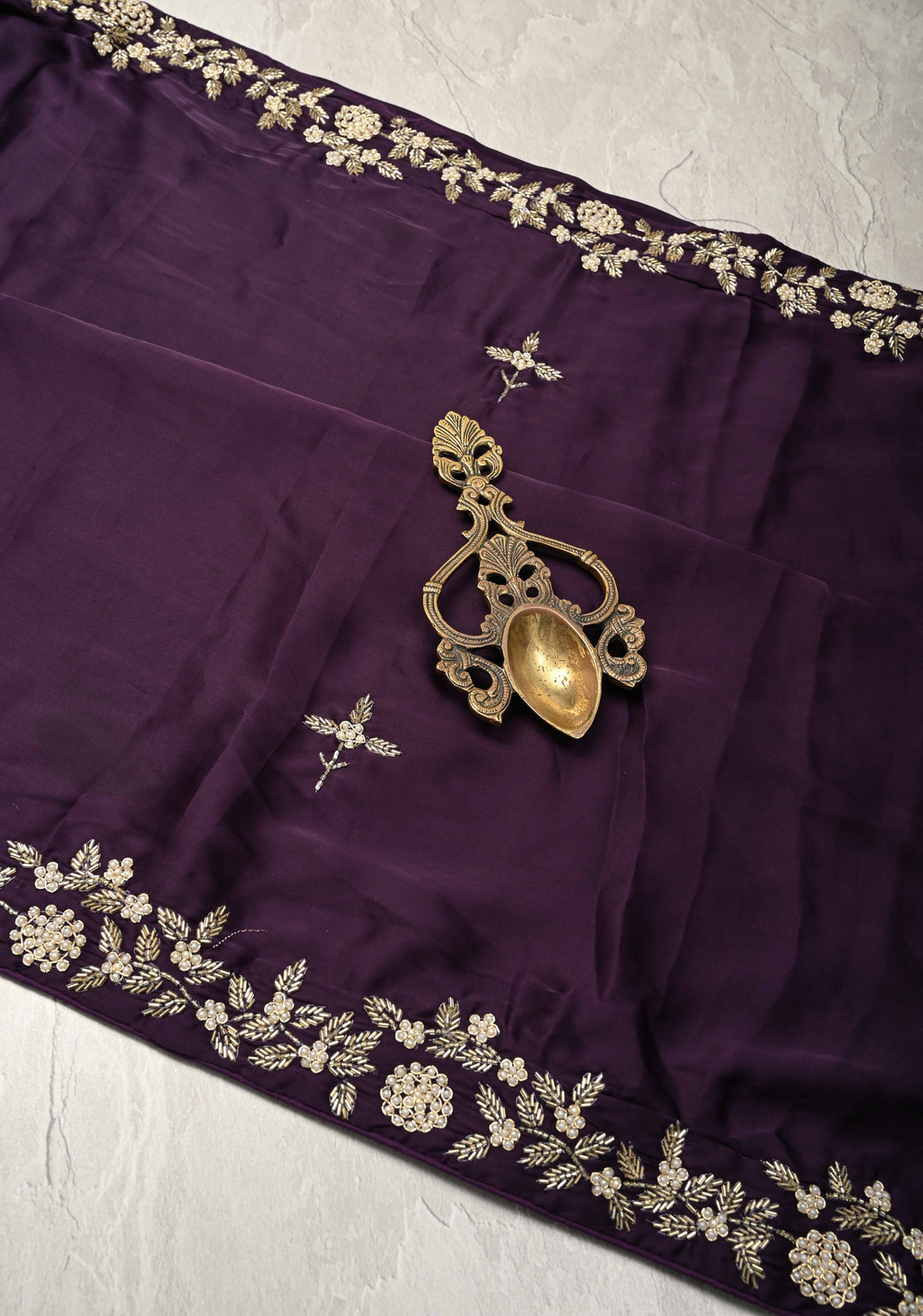 Dark Grape Purple Satin Georgette Saree with Cutdana, Moti and Zardosi Embellished