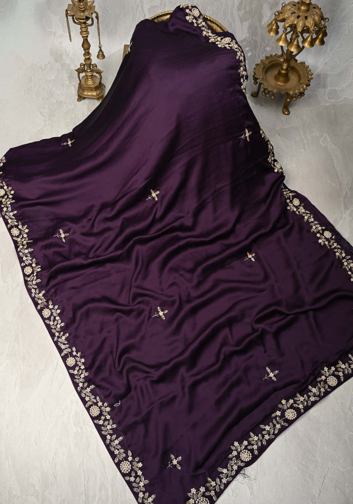 Dark Grape Purple Satin Georgette Saree with Cutdana, Moti and Zardosi Embellished