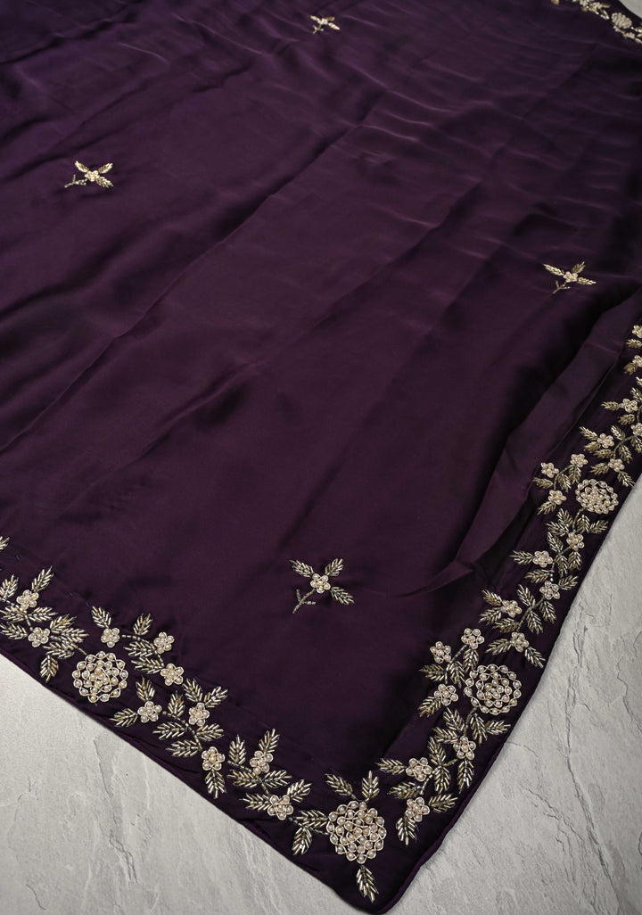 Dark Grape Purple Satin Georgette Saree with Cutdana, Moti and Zardosi Embellished