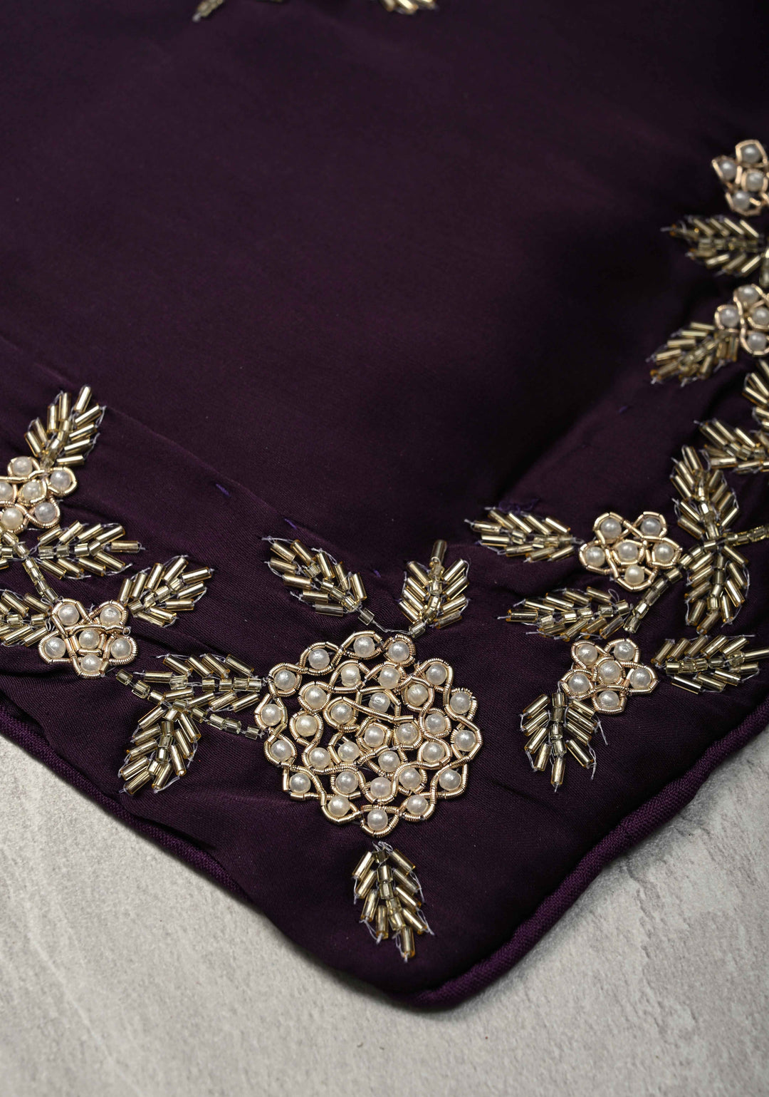 Dark Grape Purple Satin Georgette Saree with Cutdana, Moti and Zardosi Embellished