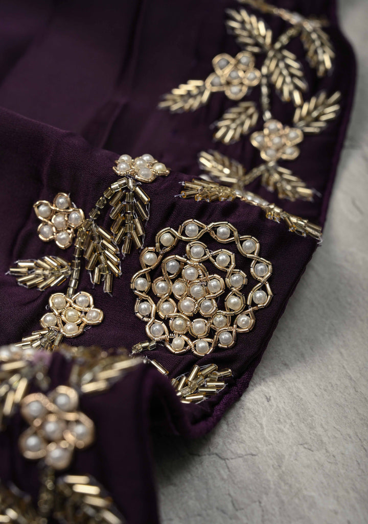 Dark Grape Purple Satin Georgette Saree with Cutdana, Moti and Zardosi Embellished