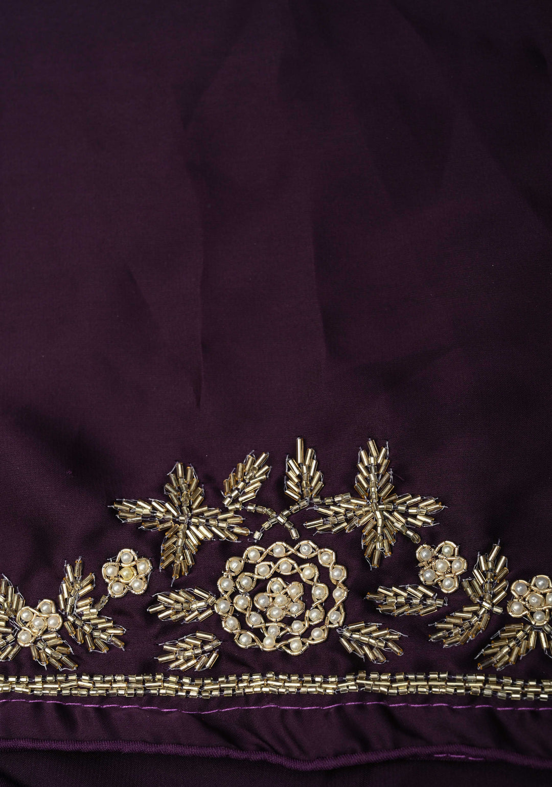 Dark Grape Purple Satin Georgette Saree with Cutdana, Moti and Zardosi Embellished