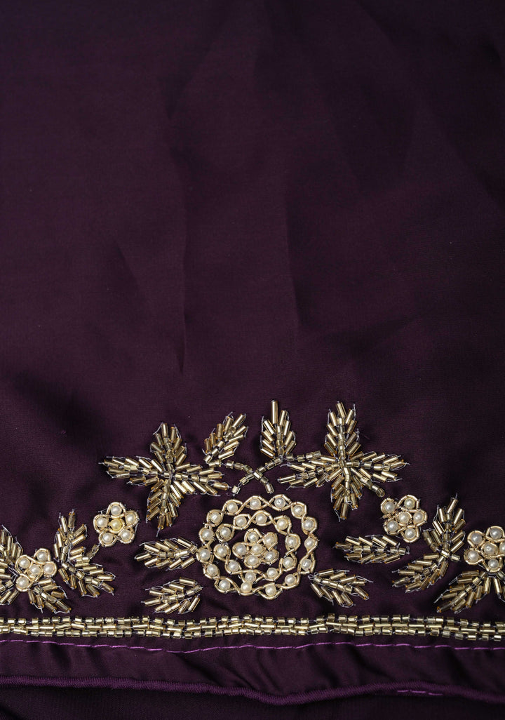Dark Grape Purple Satin Georgette Saree with Cutdana, Moti and Zardosi Embellished