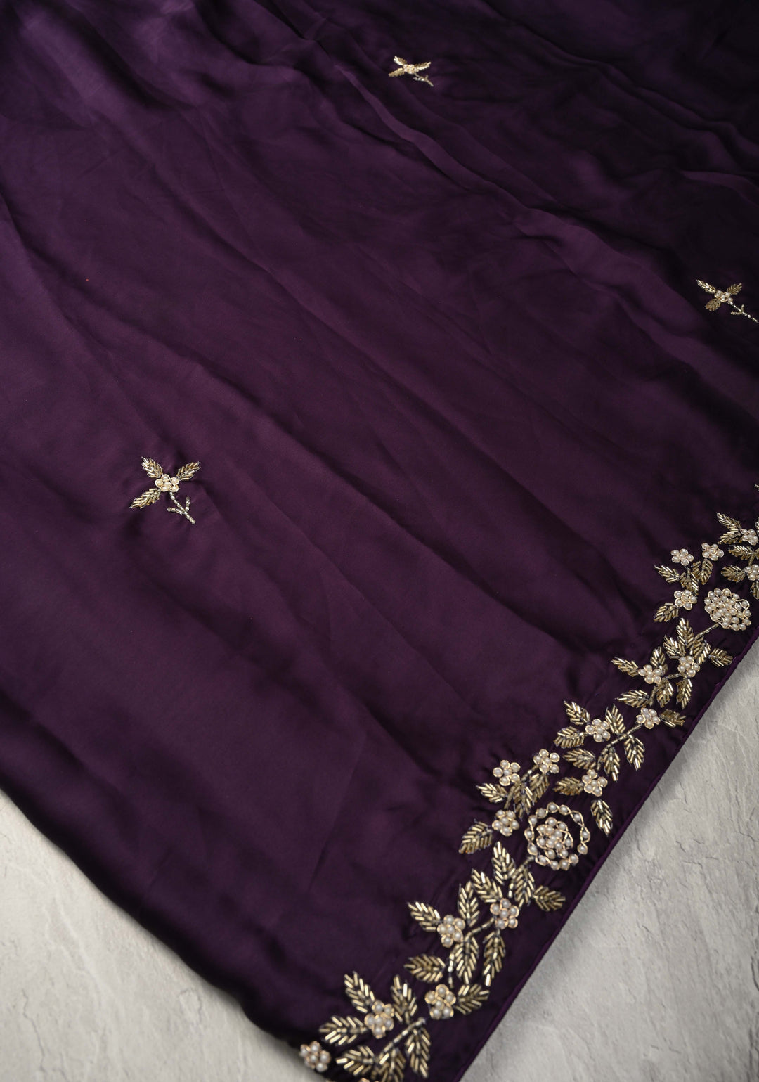 Dark Grape Purple Satin Georgette Saree with Cutdana, Moti and Zardosi Embellished