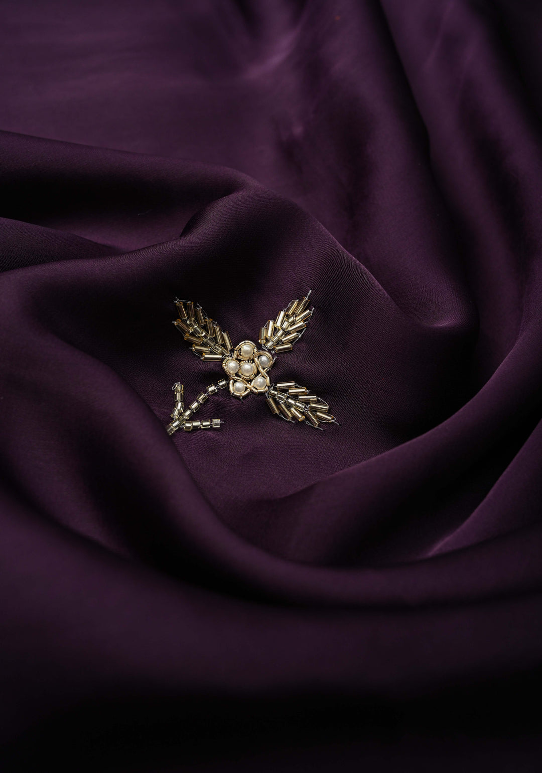 Dark Grape Purple Satin Georgette Saree with Cutdana, Moti and Zardosi Embellished
