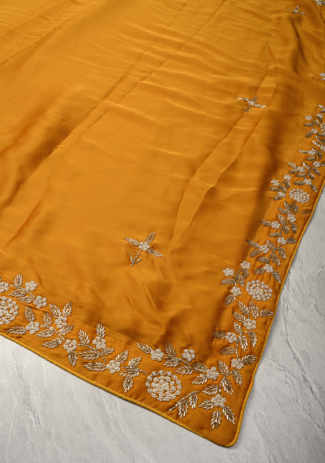 Mustard Yellow  Satin Georgette saree with moti, cutdana and Zardozi embellishments