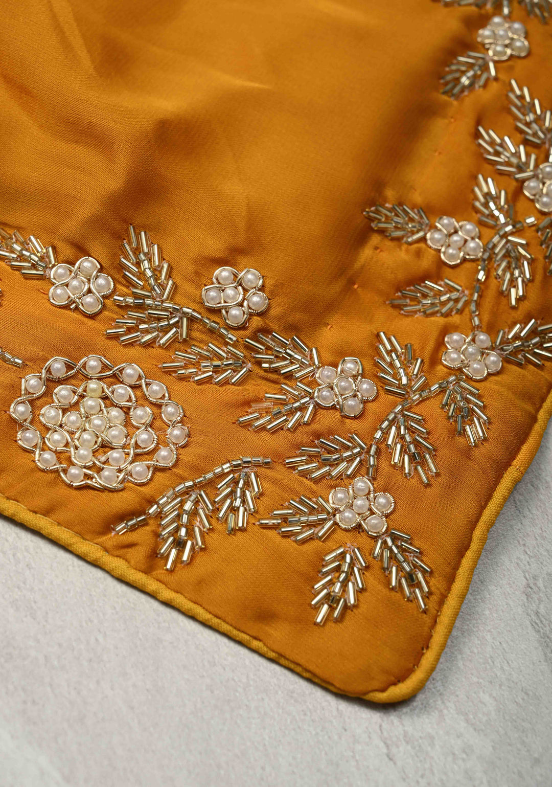 Mustard Yellow  Satin Georgette saree with moti, cutdana and Zardozi embellishments