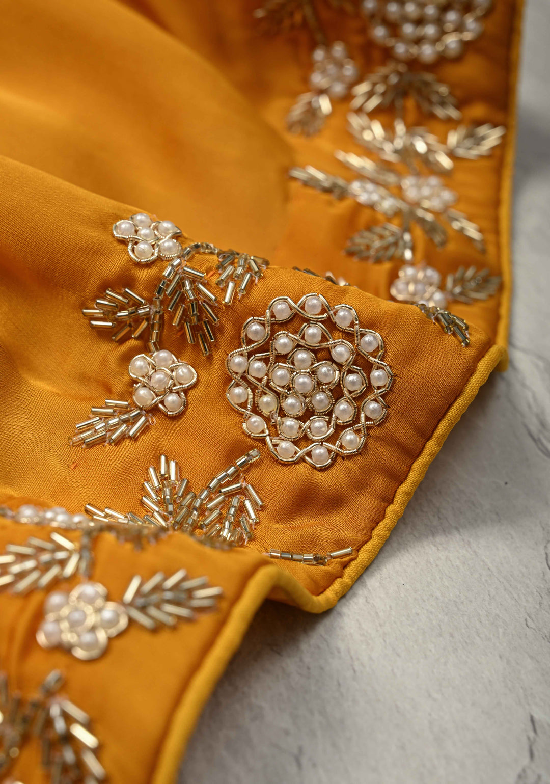 Mustard Yellow  Satin Georgette saree with moti, cutdana and Zardozi embellishments